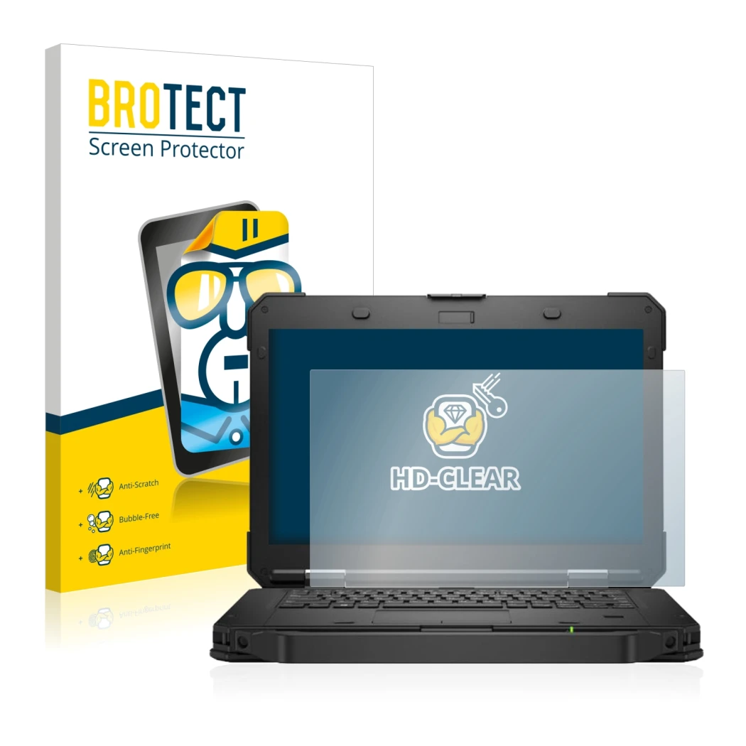 Face avant d’un emballage produit avec le logo de la marque BROTECT. À côté, l’appareil Dell Latitude 5430 Rugged est représen