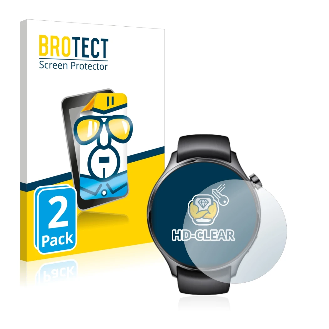 Face avant d’un emballage produit avec le logo de la marque BROTECT. À côté, l’appareil Xiaomi Watch S1 Pro est représenté ave