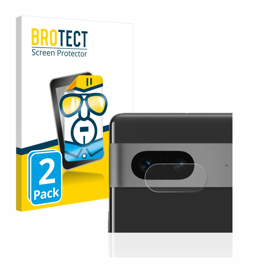 Face avant d’un emballage produit avec le logo de la marque BROTECT. À côté, l’appareil Google Pixel 7 (Caméra UNIQUEMENT) est