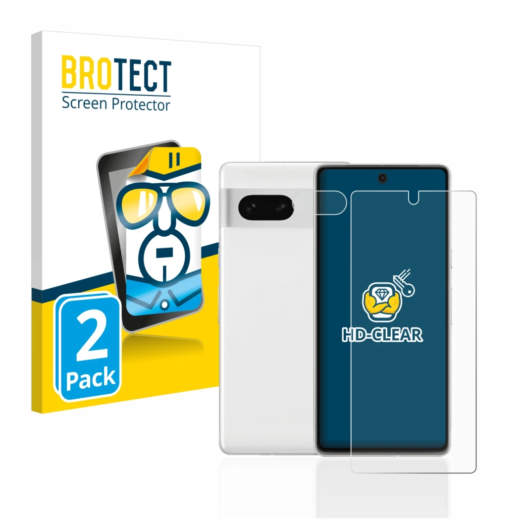 Face avant d’un emballage produit avec le logo de la marque BROTECT. À côté, l’appareil Google Pixel 7 (Avant+Caméra) est repr