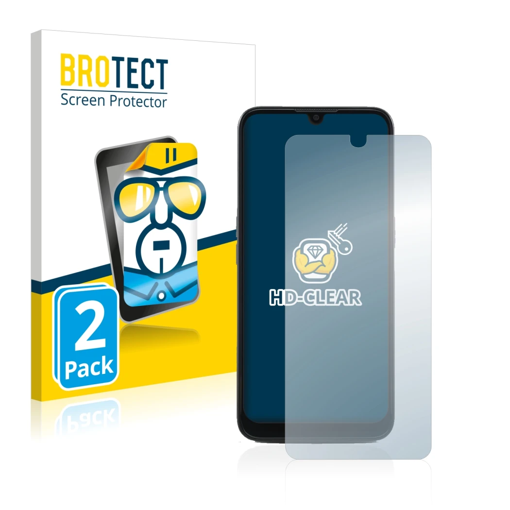Face avant d’un emballage produit avec le logo de la marque BROTECT. À côté, l’appareil Doro 8100 PLUS est représenté avec la