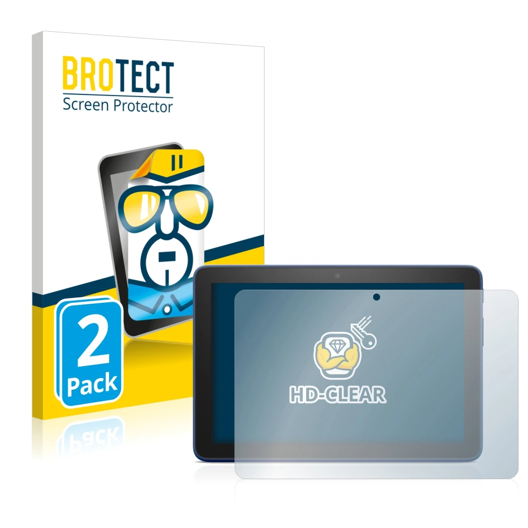 Face avant d’un emballage produit avec le logo de la marque BROTECT. À côté, l’appareil Amazon Fire HD 8 2022 est représenté a