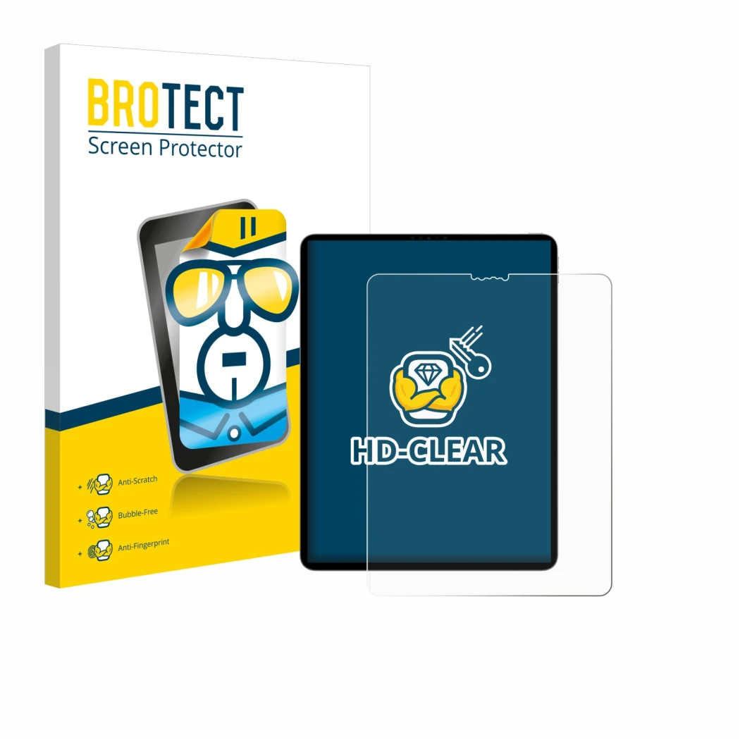Face avant d’un emballage produit avec le logo de la marque BROTECT. À côté, l’appareil Apple iPad Pro 12.9