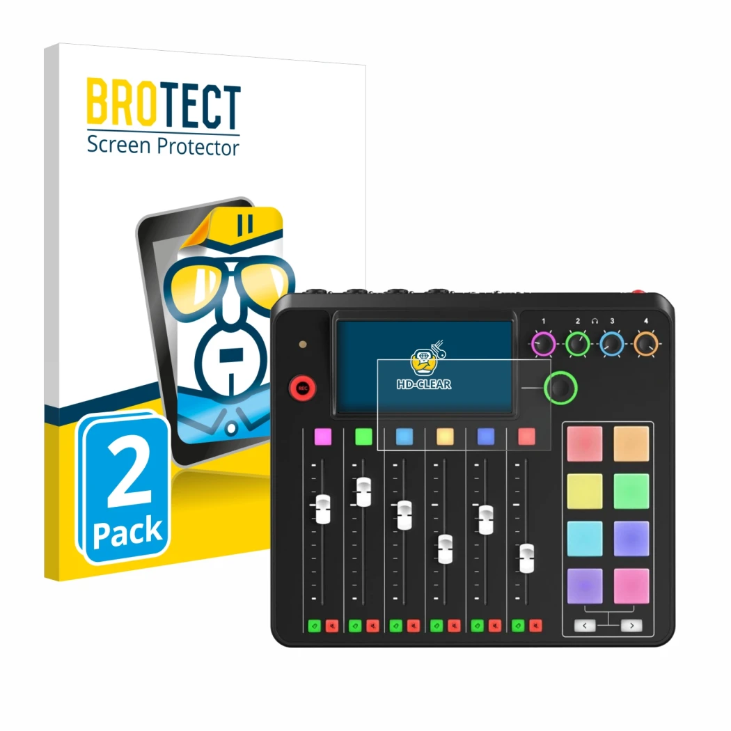 Face avant d’un emballage produit avec le logo de la marque BROTECT. À côté, l’appareil Rode Rodecaster Pro II est représenté