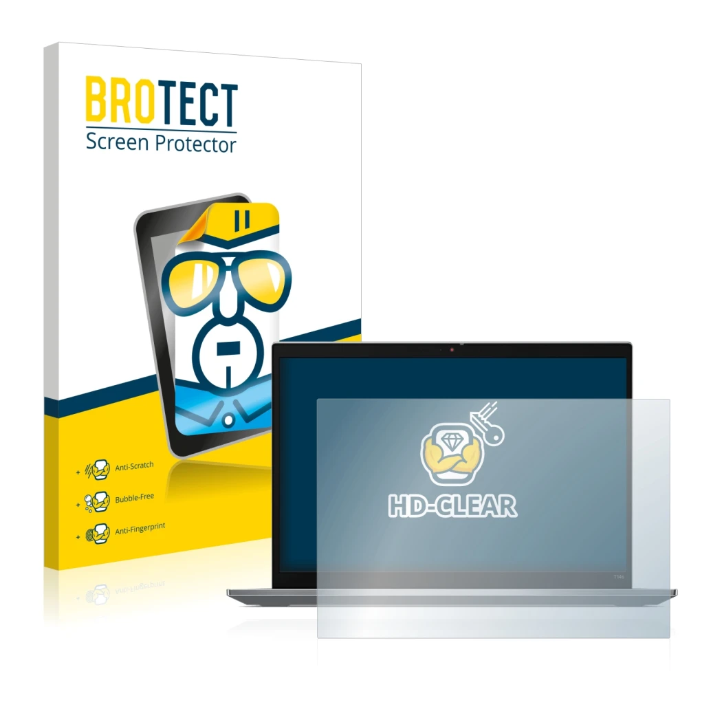 Face avant d’un emballage produit avec le logo de la marque BROTECT. À côté, l’appareil Lenovo ThinkPad T14s Gen 3 est représe