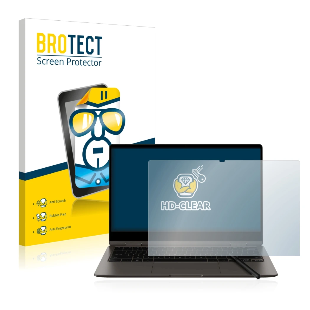 Face avant d’un emballage produit avec le logo de la marque BROTECT. À côté, l’appareil Samsung Galaxy Book3 360 13