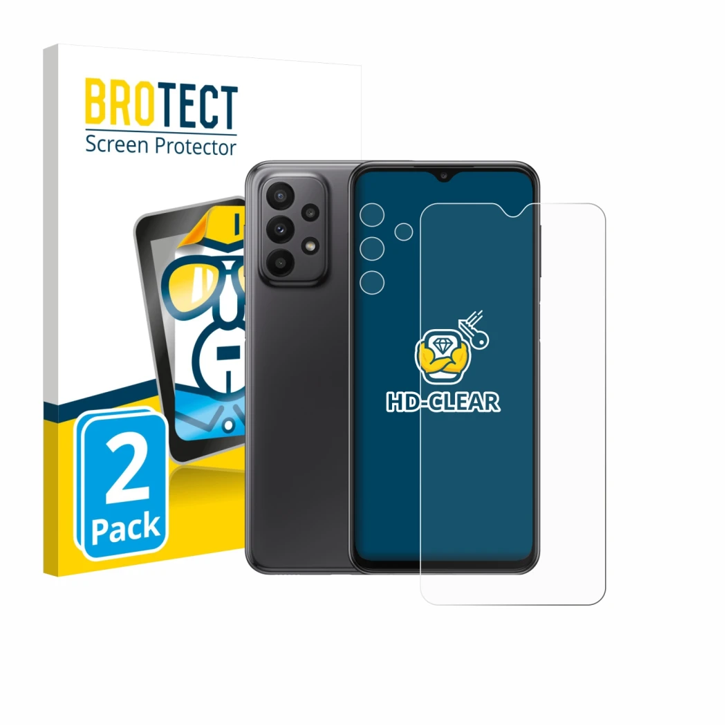 Face avant d’un emballage produit avec le logo de la marque BROTECT. À côté, l’appareil Samsung Galaxy A23 5G (Avant+Caméra) e