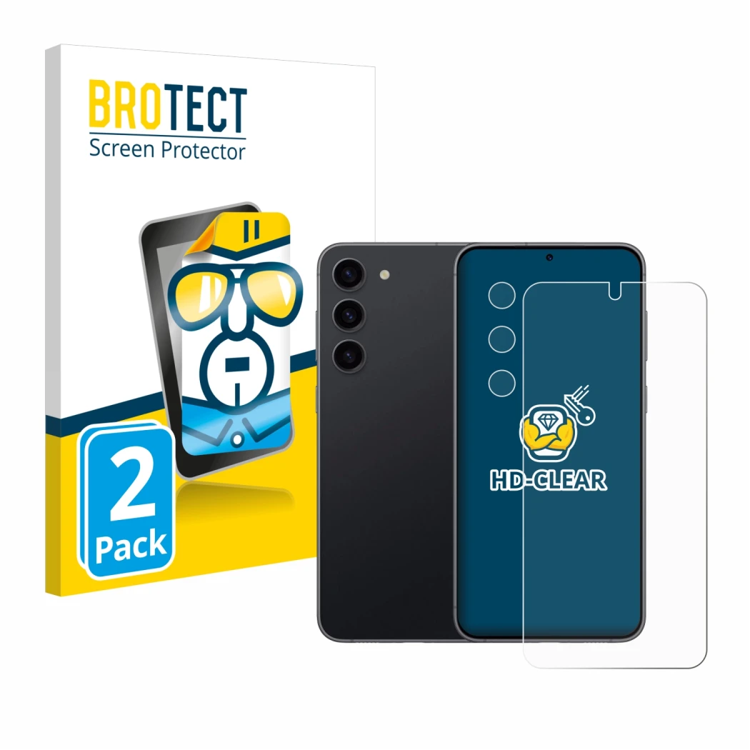 Face avant d’un emballage produit avec le logo de la marque BROTECT. À côté, l’appareil Samsung Galaxy S23 (Avant+Caméra) est 