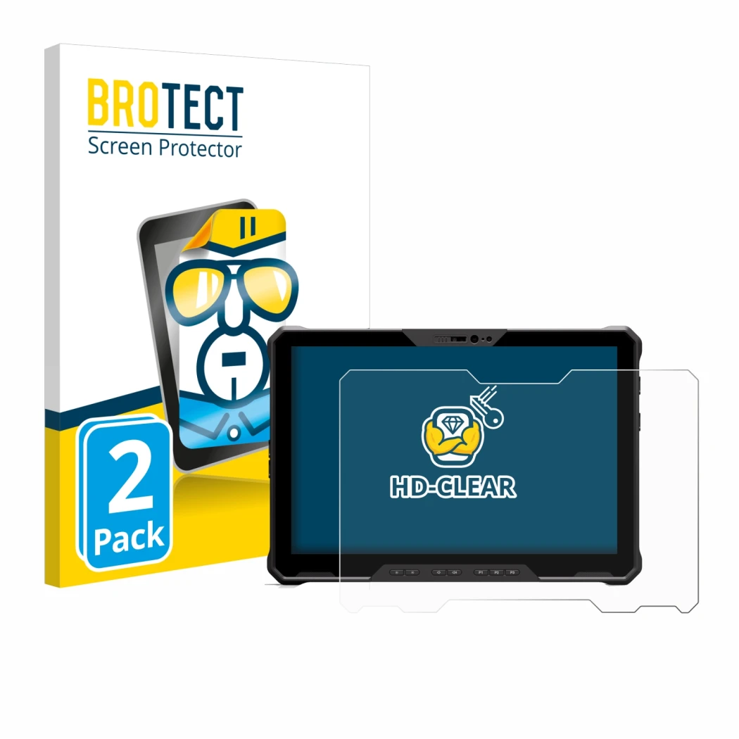 Face avant d’un emballage produit avec le logo de la marque BROTECT. À côté, l’appareil Dell Latitude 7230 Rugged Extreme est 