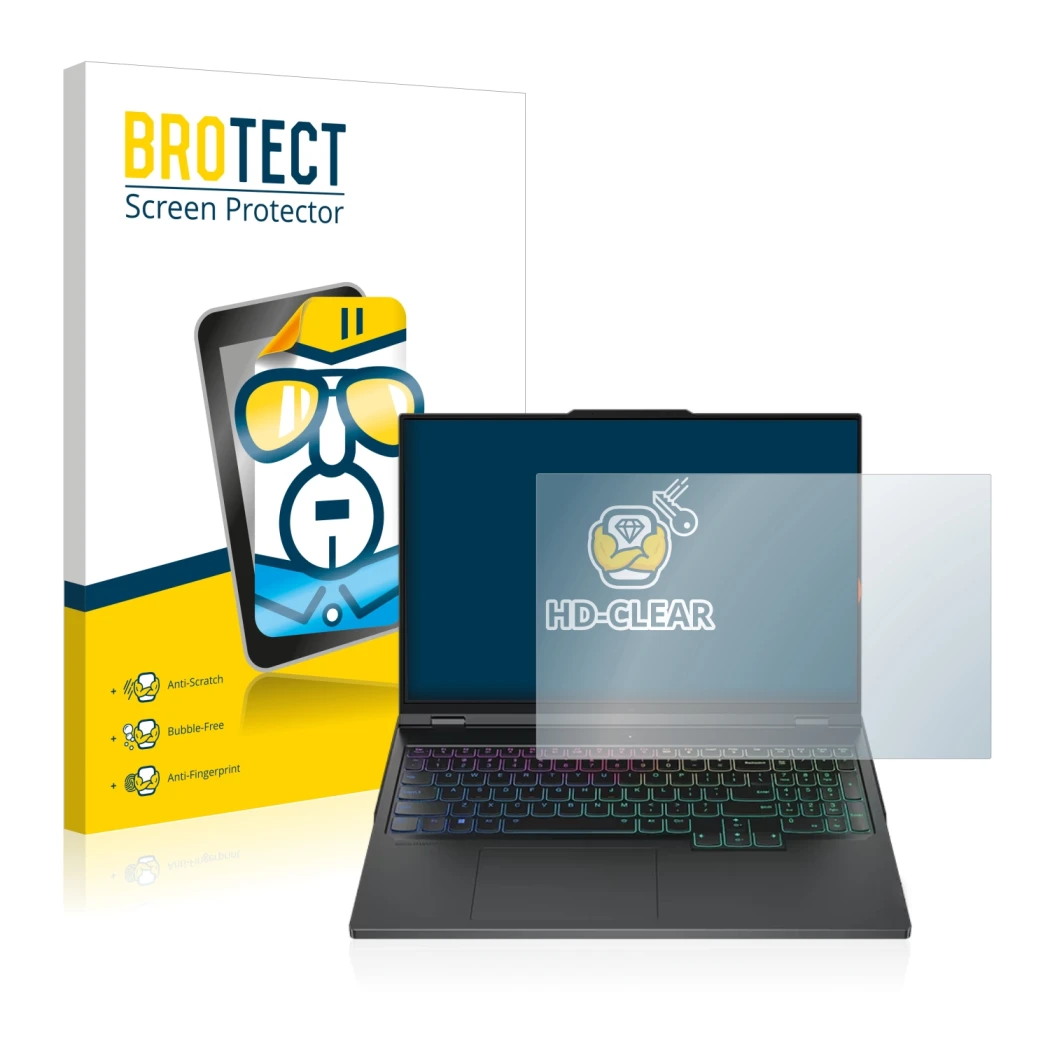 Face avant d’un emballage produit avec le logo de la marque BROTECT. À côté, l’appareil Lenovo Legion Pro 7 16