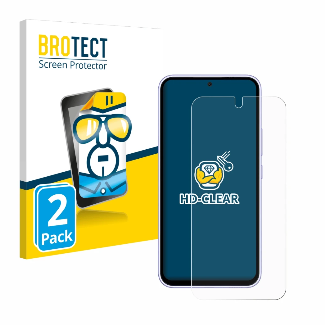 Face avant d’un emballage produit avec le logo de la marque BROTECT. À côté, l’appareil Samsung Galaxy A54 5G est représenté a