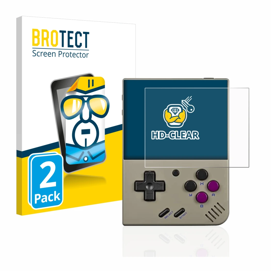 Face avant d’un emballage produit avec le logo de la marque BROTECT. À côté, l’appareil Miyoo Mini Plus est représenté avec la