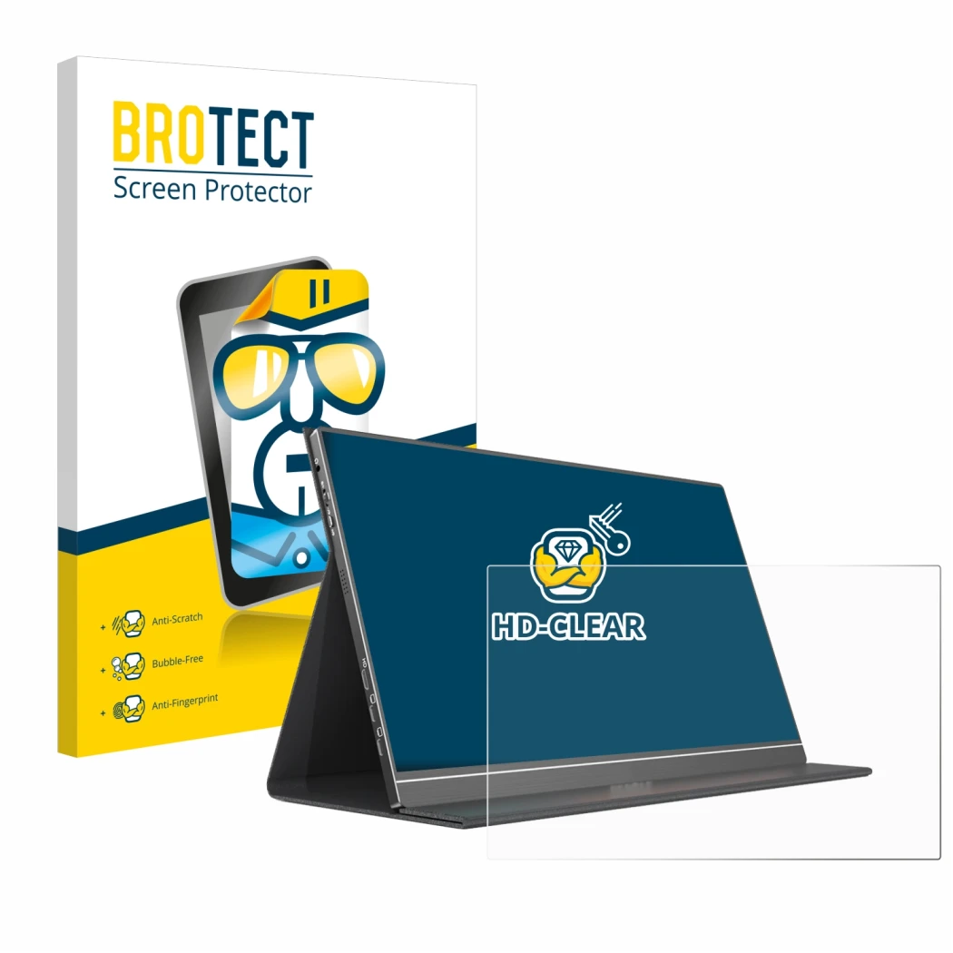 Face avant d’un emballage produit avec le logo de la marque BROTECT. À côté, l’appareil Arzopa ‎S1 Table 15.6