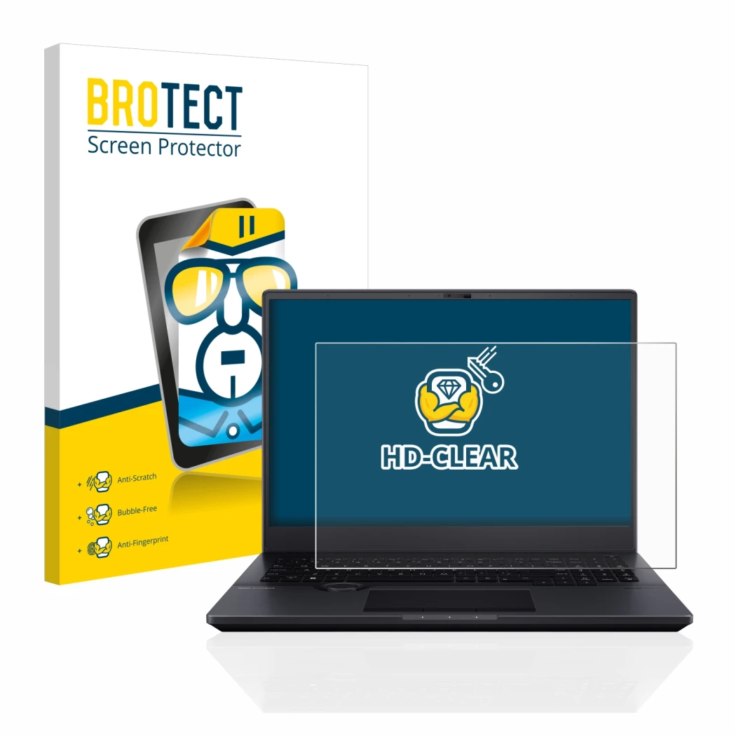 Face avant d’un emballage produit avec le logo de la marque BROTECT. À côté, l’appareil ASUS ProArt StudioBook 16 OLED est rep