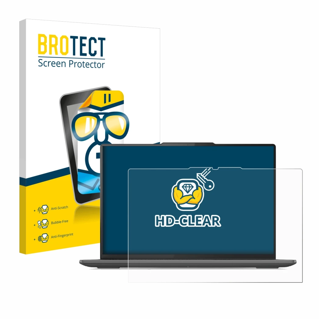 Face avant d’un emballage produit avec le logo de la marque BROTECT. À côté, l’appareil Lenovo Yoga Pro 9i Gen 8 16