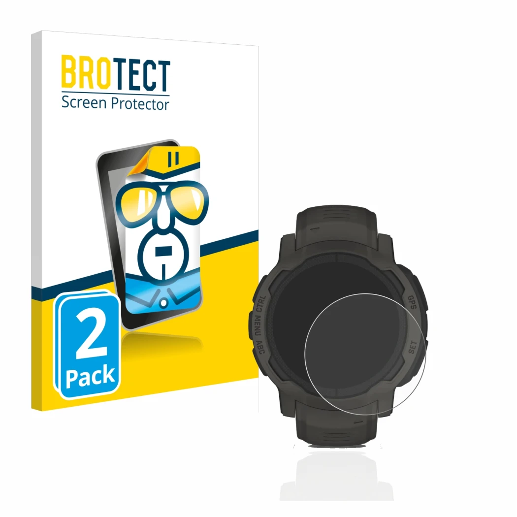 Face avant d’un emballage produit avec le logo de la marque BROTECT. À côté, l’appareil Garmin Instinct 2 Solar est représenté