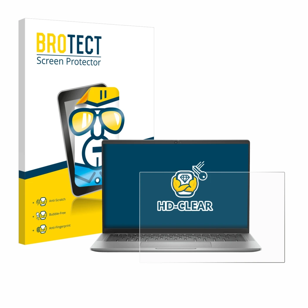 Face avant d’un emballage produit avec le logo de la marque BROTECT. À côté, l’appareil Dell Latitude 7440 Laptop est représen