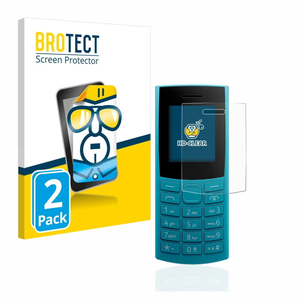 Face avant d’un emballage produit avec le logo de la marque BROTECT. À côté, l’appareil Nokia 105 4G (2023) est représenté ave