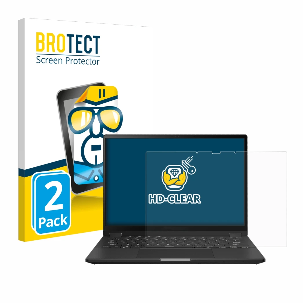 Face avant d’un emballage produit avec le logo de la marque BROTECT. À côté, l’appareil ASUS ROG Flow X13 2023 est représenté