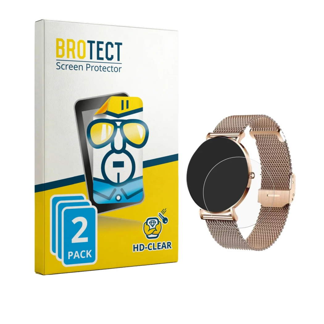Face avant d’un emballage produit avec le logo de la marque BROTECT. À côté, l’appareil Xcoast X-Watch Siona 2 est représenté