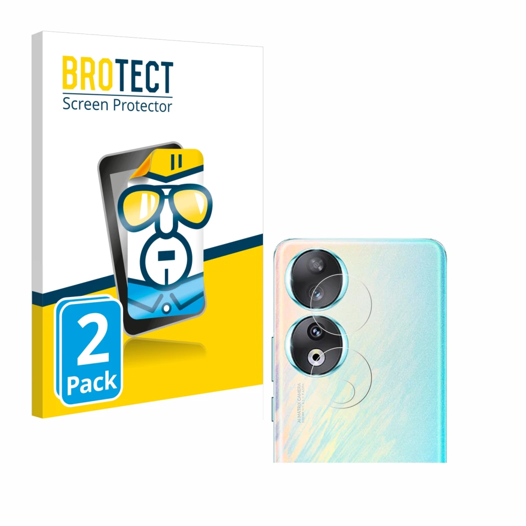 Face avant d’un emballage produit avec le logo de la marque BROTECT. À côté, l’appareil Honor 90 (Caméra UNIQUEMENT) est repré