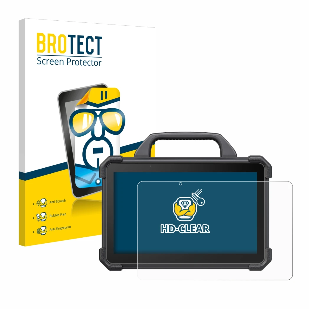 Face avant d’un emballage produit avec le logo de la marque BROTECT. À côté, l’appareil Launch X-431 Tab VII (Tab 7) Elite est