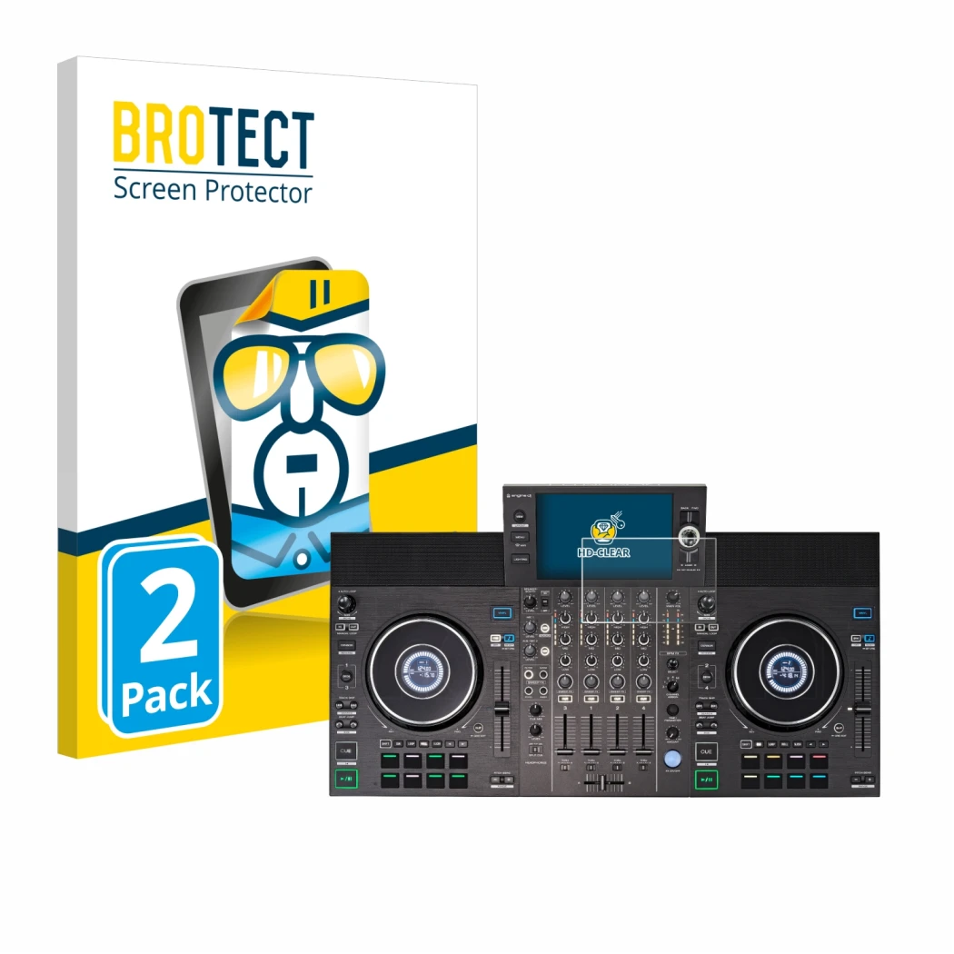 Face avant d’un emballage produit avec le logo de la marque BROTECT. À côté, l’appareil Denon DJ SC LIVE 4 est représenté avec