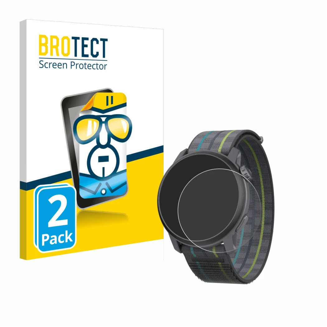 Face avant d’un emballage produit avec le logo de la marque BROTECT. À côté, l’appareil Coros Pace 3 est représenté avec la pr