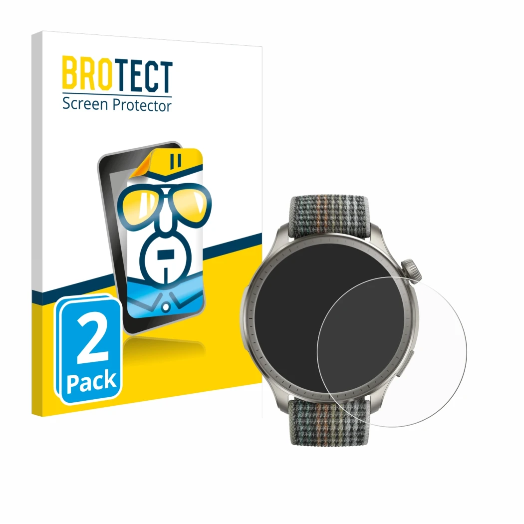 Face avant d’un emballage produit avec le logo de la marque BROTECT. À côté, l’appareil Huami Amazfit Balance est représenté a