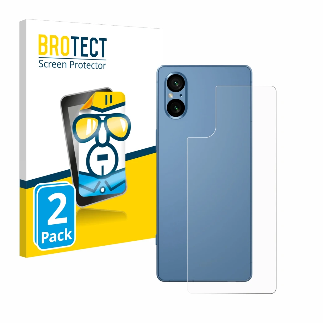 Face avant d’un emballage produit avec le logo de la marque BROTECT. À côté, l’appareil Sony Xperia 5 V (Arrière) est représen