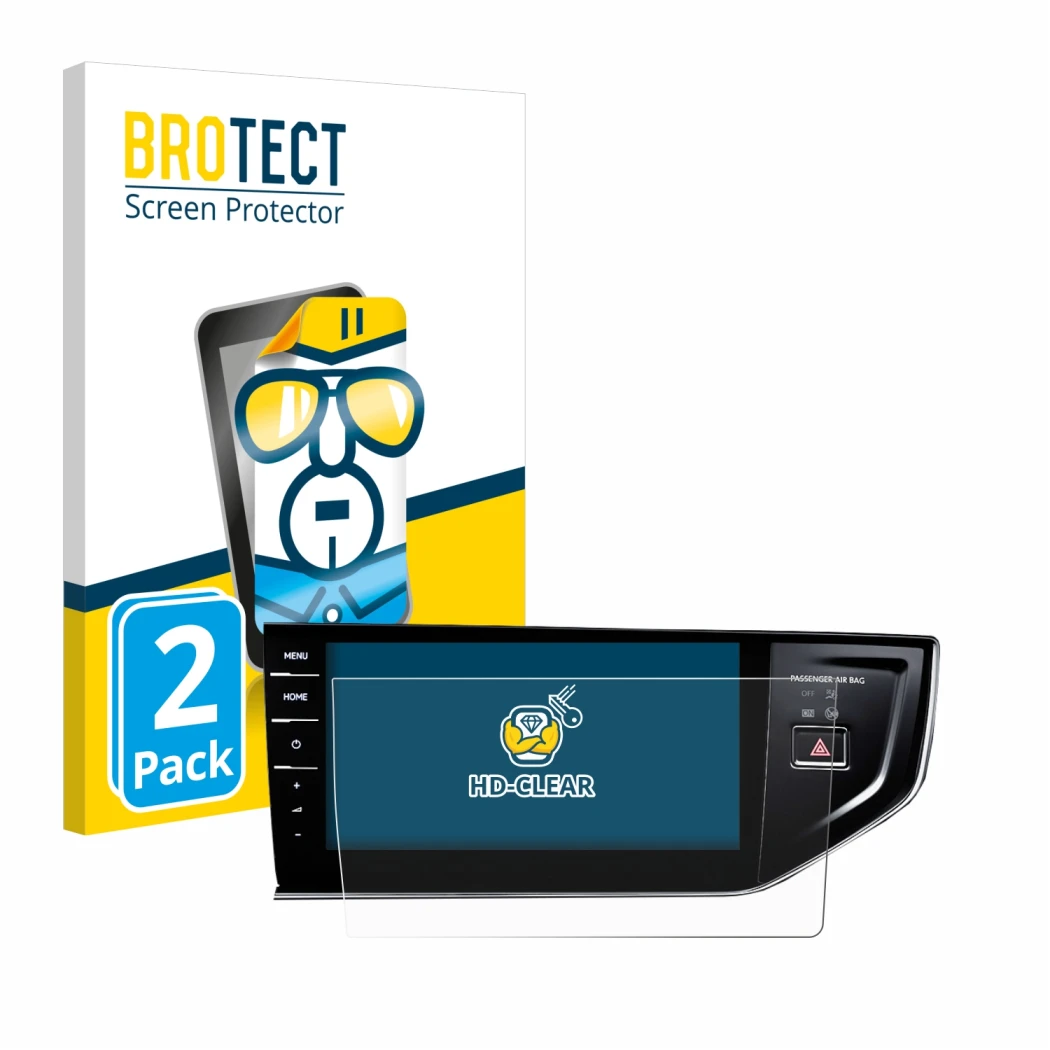 Face avant d’un emballage produit avec le logo de la marque BROTECT. À côté, l’appareil Volkswagen Polo VI Discover Pro 9,2