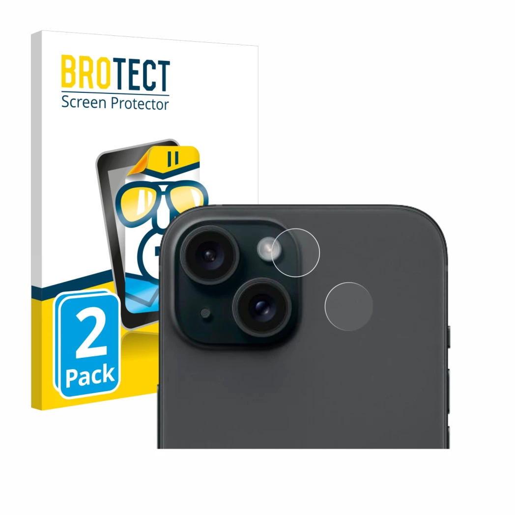 Face avant d’un emballage produit avec le logo de la marque BROTECT. À côté, l’appareil Apple iPhone 15 (Caméra UNIQUEMENT) es