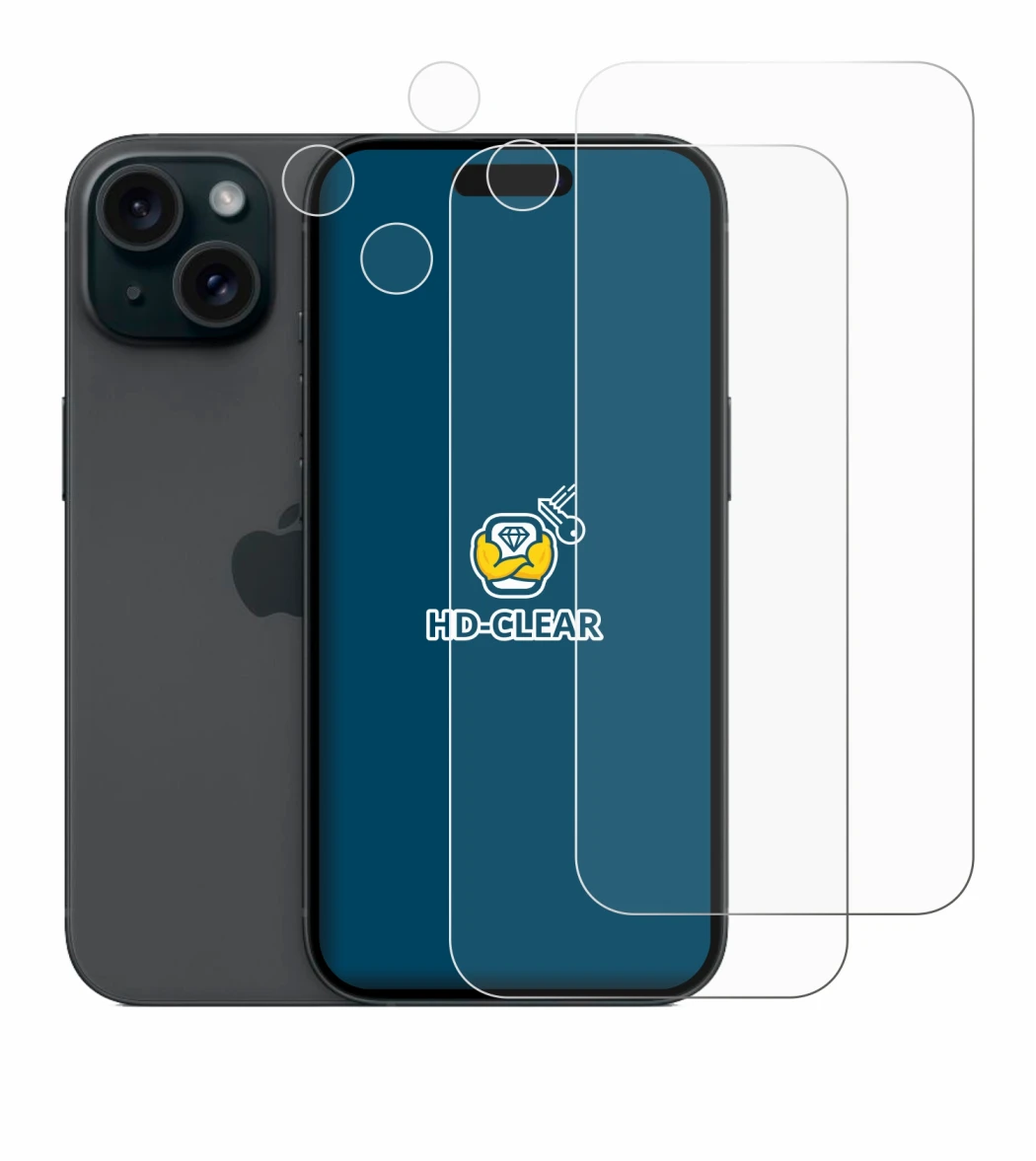 Image de l'appareil Apple iPhone 15 (Avant+Caméra) avec une grande variété de protections d'écran.