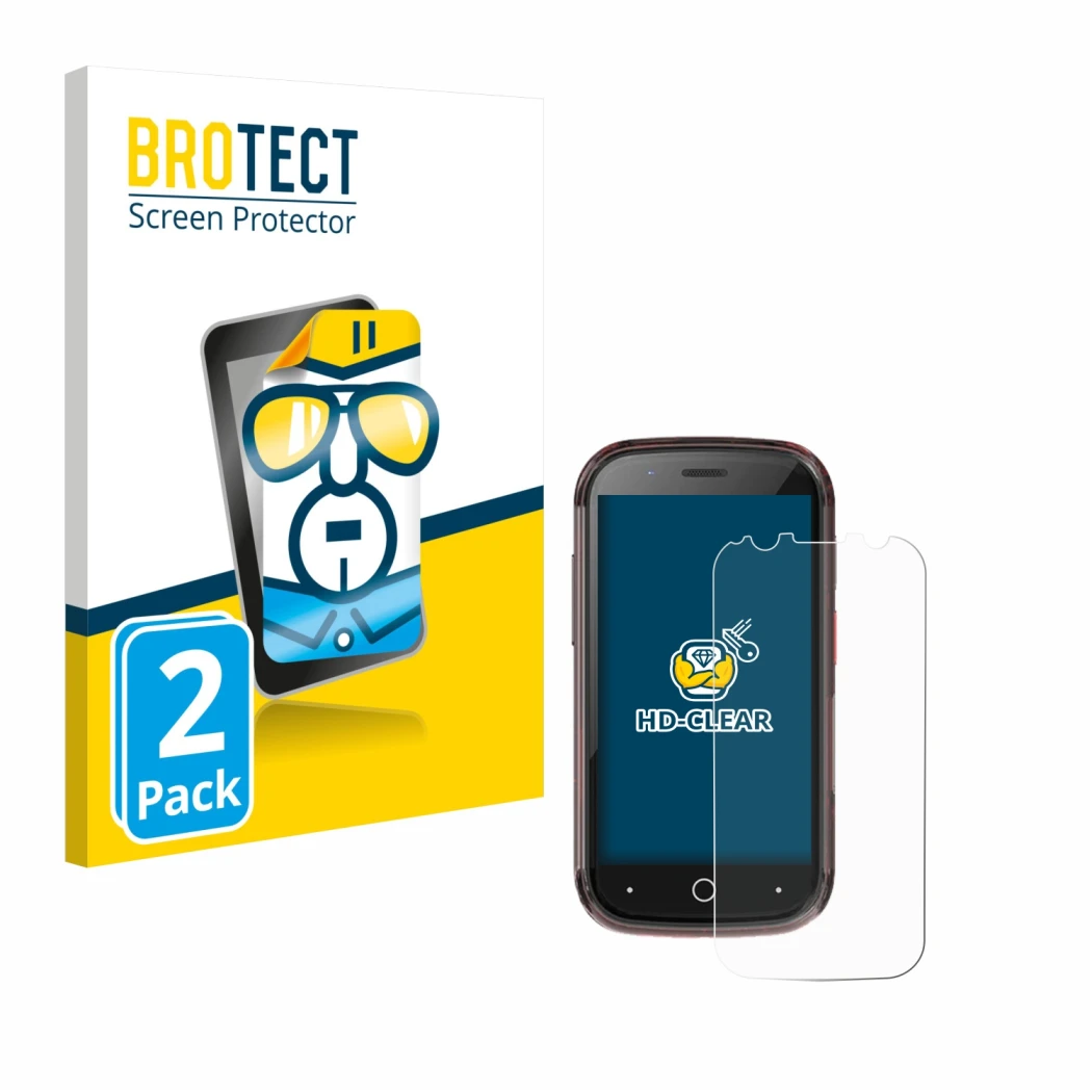 Face avant d’un emballage produit avec le logo de la marque BROTECT. À côté, l’appareil Unihertz Jelly Star est représenté ave