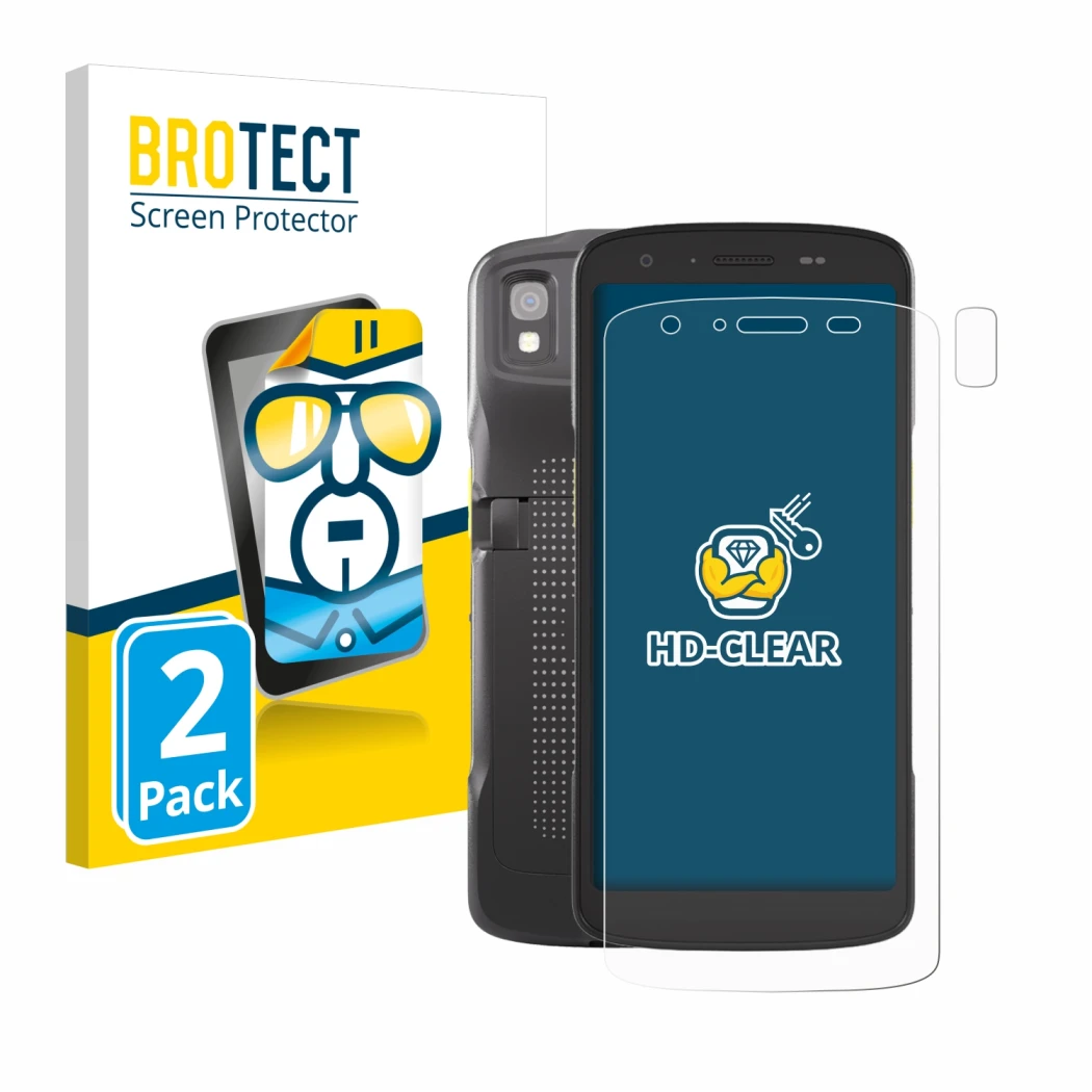 Face avant d’un emballage produit avec le logo de la marque BROTECT. À côté, l’appareil Zebra TC27 (Avant+Caméra) est représen