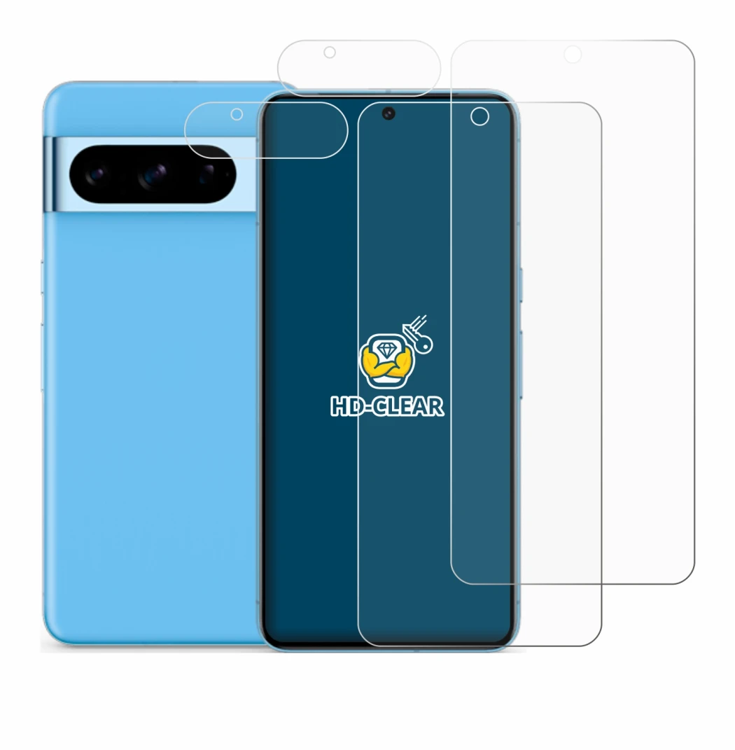 Image de l'appareil Google Pixel 8 Pro (Avant+Caméra) avec une grande variété de protections d'écran.