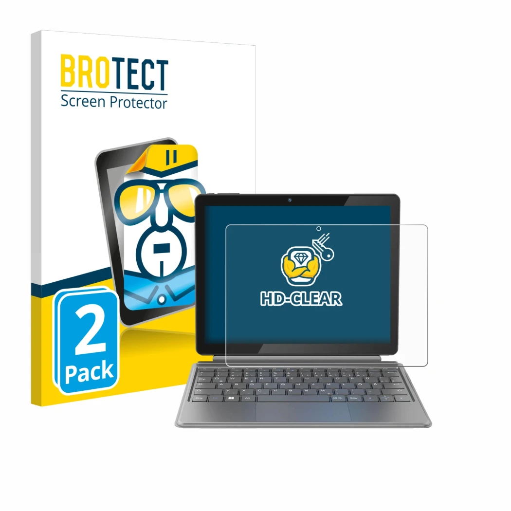 Face avant d’un emballage produit avec le logo de la marque BROTECT. À côté, l’appareil Alldocube iWork 20 Pro est représenté