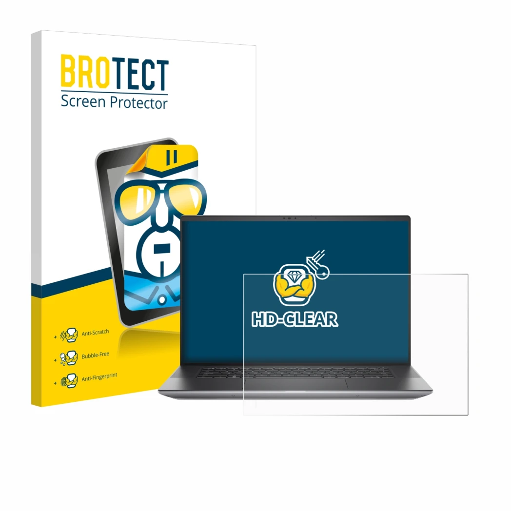 Face avant d’un emballage produit avec le logo de la marque BROTECT. À côté, l’appareil Dell Precision 5680 Workstation est re