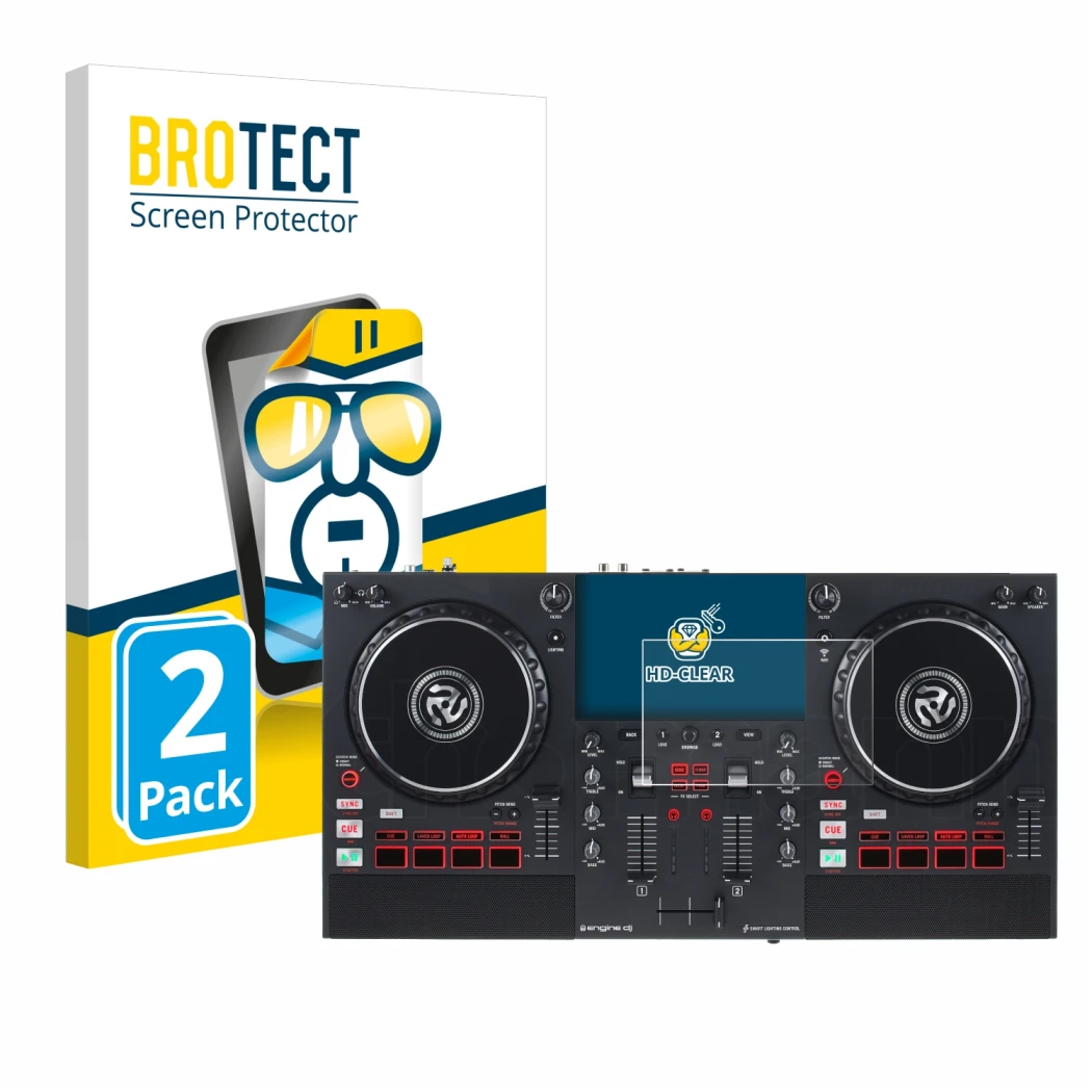 Face avant d’un emballage produit avec le logo de la marque BROTECT. À côté, l’appareil Numark Mixstream Pro+ est représenté a