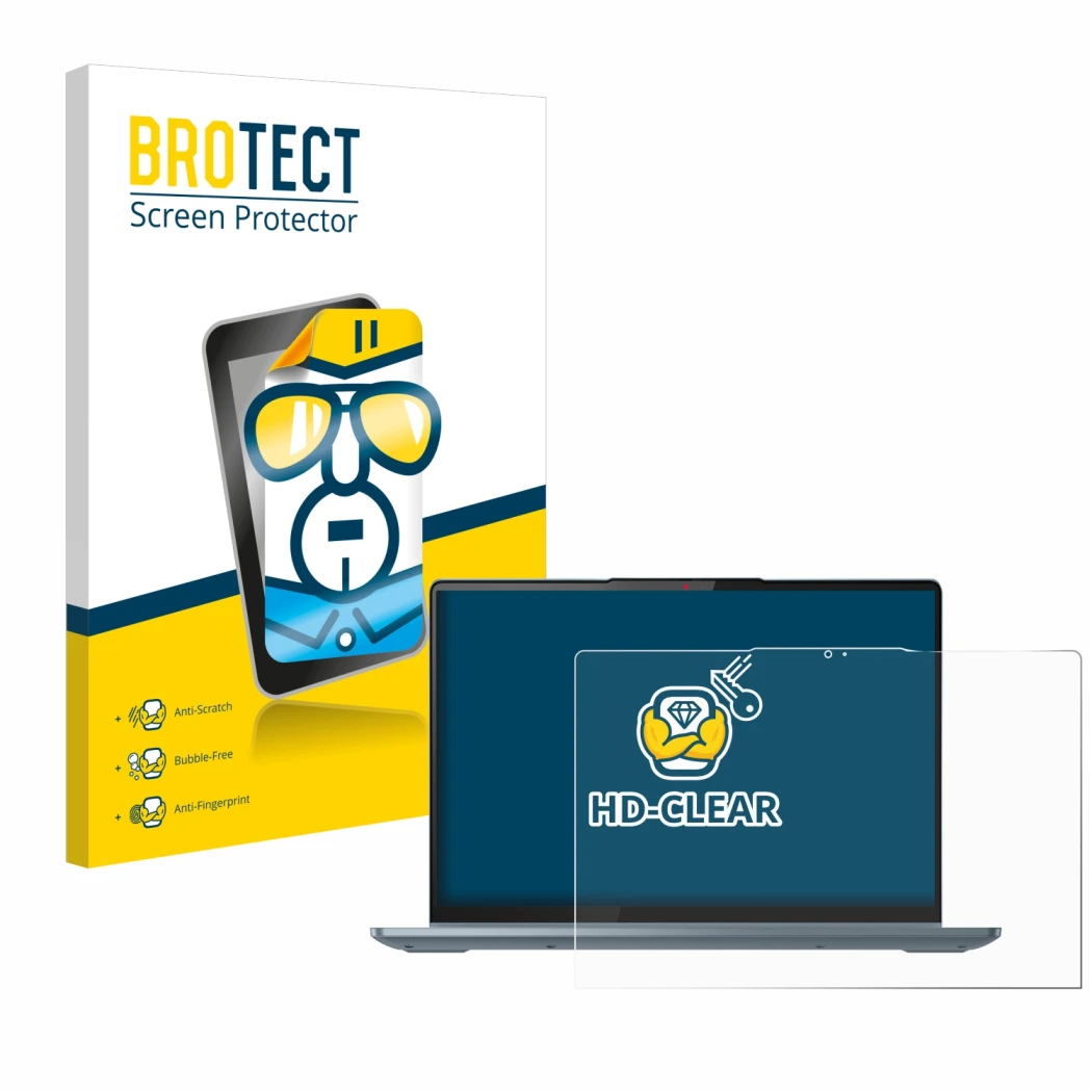 Face avant d’un emballage produit avec le logo de la marque BROTECT. À côté, l’appareil Lenovo IdeaPad Flex 5 14