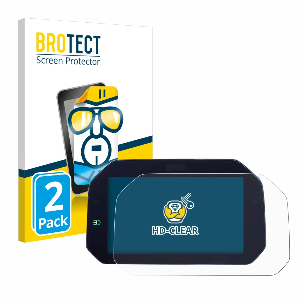 Face avant d’un emballage produit avec le logo de la marque BROTECT. À côté, l’appareil BMW R 1300 GS TFT 6.5