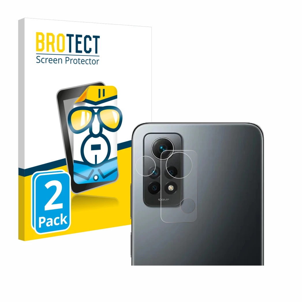 Face avant d’un emballage produit avec le logo de la marque BROTECT. À côté, l’appareil Xiaomi Redmi Note 12 Pro 4G (Caméra UN