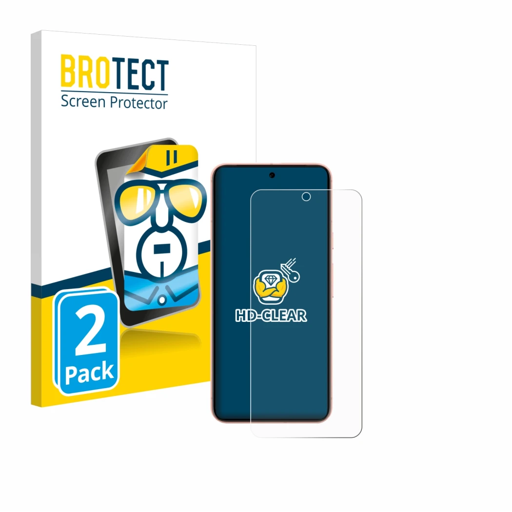 Face avant d’un emballage produit avec le logo de la marque BROTECT. À côté, l’appareil Google Pixel 8 (case-friendly) est rep
