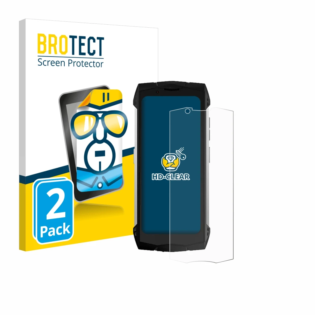 Face avant d’un emballage produit avec le logo de la marque BROTECT. À côté, l’appareil Doogee S Mini est représenté avec la p