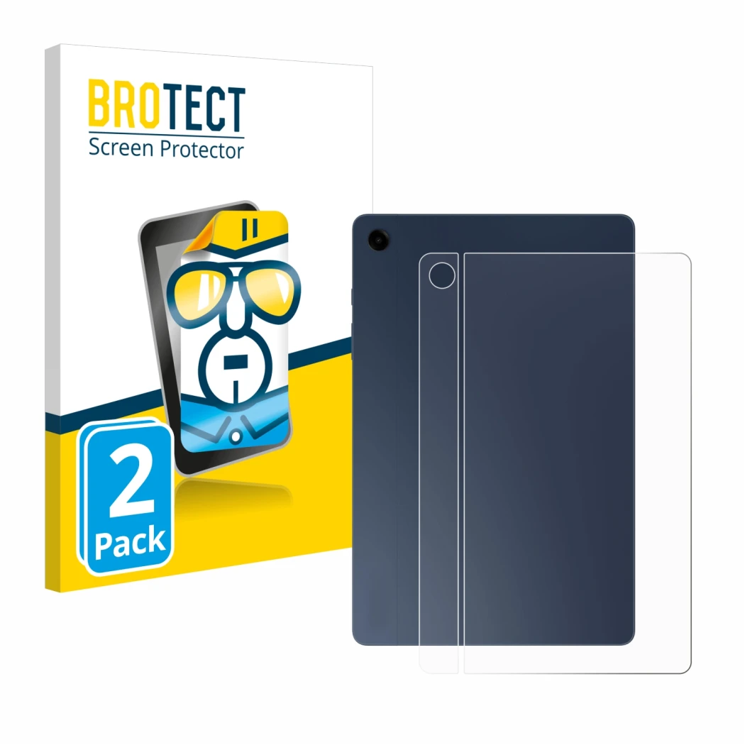 Face avant d’un emballage produit avec le logo de la marque BROTECT. À côté, l’appareil Samsung Galaxy Tab A9 Plus WiFi (Arriè