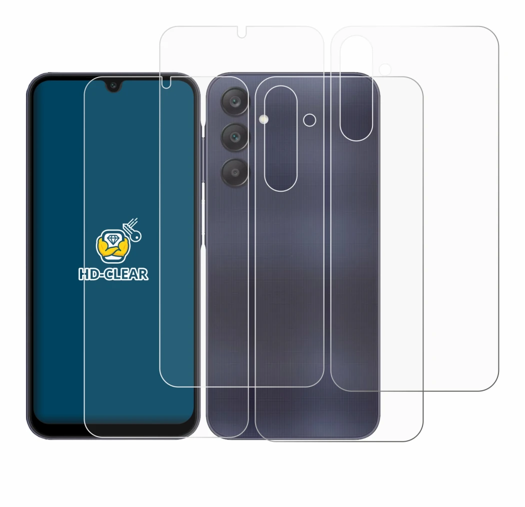 Image de l'appareil Samsung Galaxy A25 5G (Avant+Arrière) avec une grande variété de protections d'écran.
