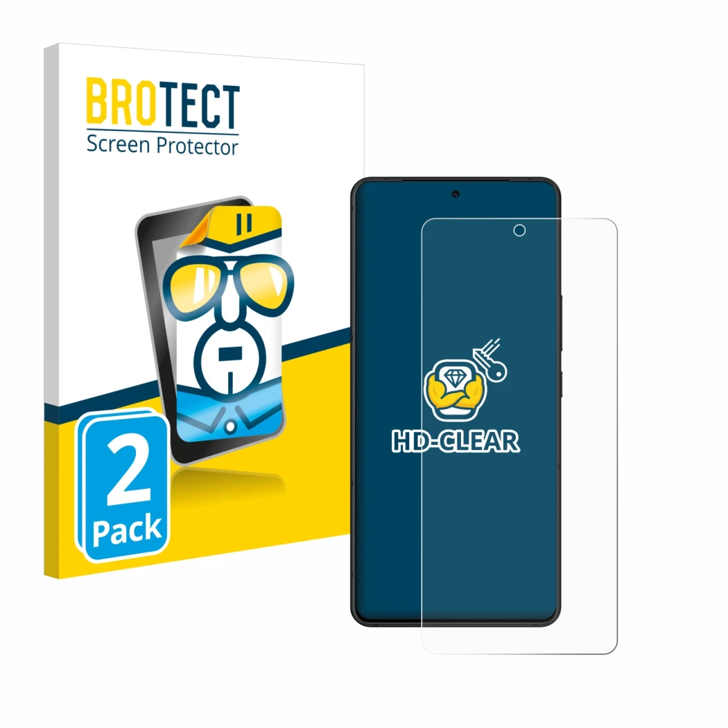 Face avant d’un emballage produit avec le logo de la marque BROTECT. À côté, l’appareil ASUS ROG Phone 8 est représenté avec l