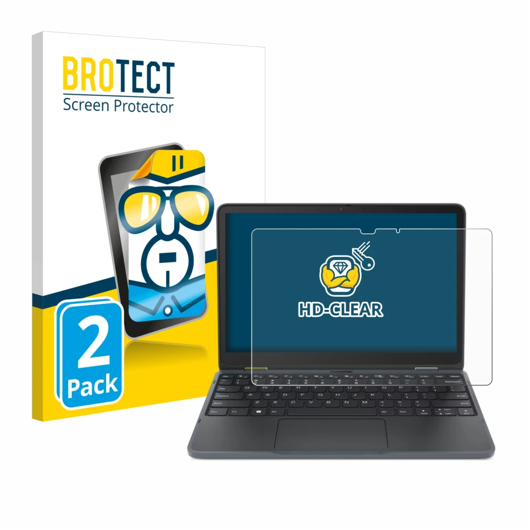 Face avant d’un emballage produit avec le logo de la marque BROTECT. À côté, l’appareil Lenovo 300w Yoga 11