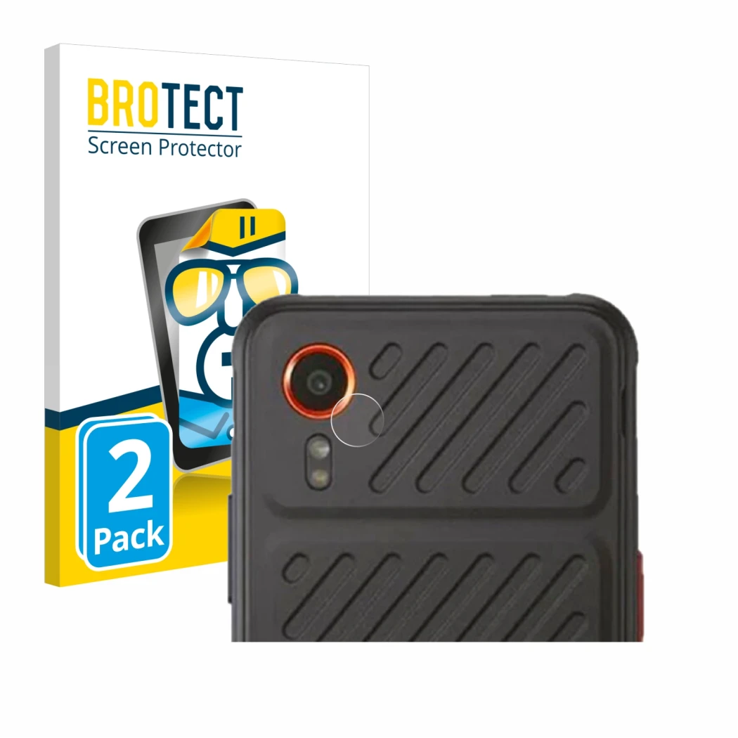 Face avant d’un emballage produit avec le logo de la marque BROTECT. À côté, l’appareil Samsung Galaxy XCover 7 (Caméra UNIQUE