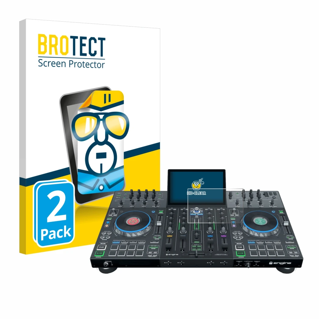Face avant d’un emballage produit avec le logo de la marque BROTECT. À côté, l’appareil Denon DJ Prime 4+ est représenté avec 